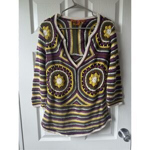 Tory Burch Knit Sunflower Girly Artsy Crochet Spring 80s Blouse Medium